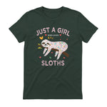 Funny Just a Girl Who Loves Sloths T-Shirt Sloths Lover Gift in Forest Green - back view