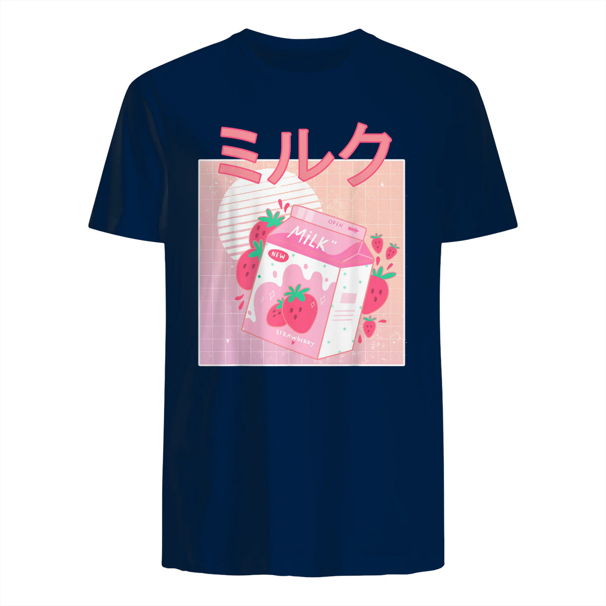Funny Retro Nineties Japanese Kawaii Strawberry Milk Shake Carton T-Shirt in Navy - back view