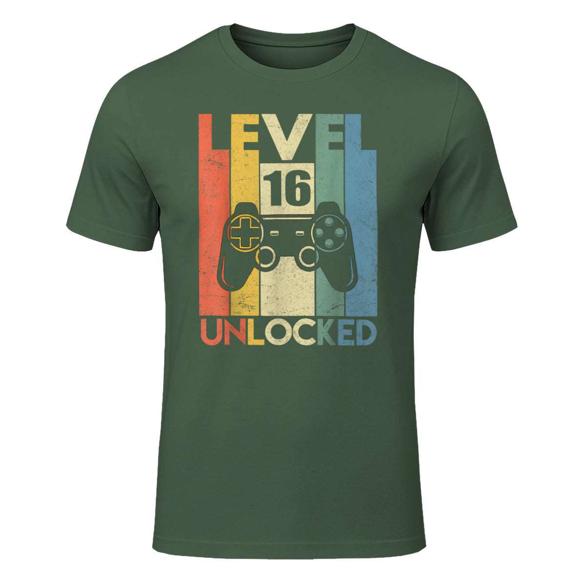 Level Sixteen Unlocked Video Gamer Birthday T-Shirt in Military Green - front view
