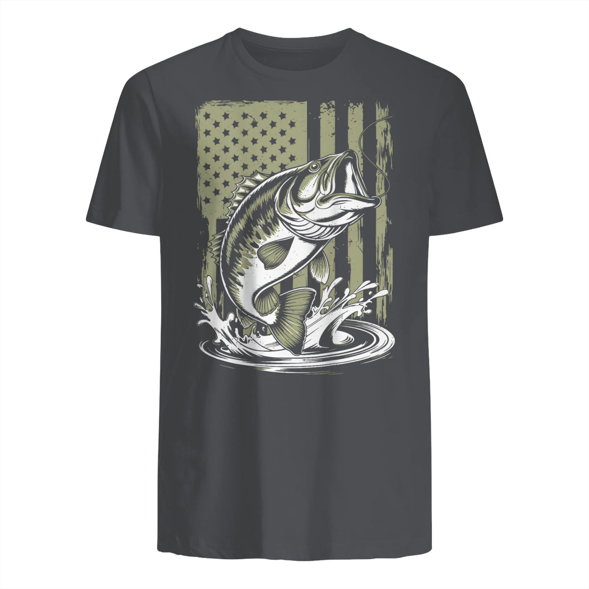 Fishing Camo Bass Fish American Flag Men's Fisherman Gift T-Shirt in Charcoal - back view