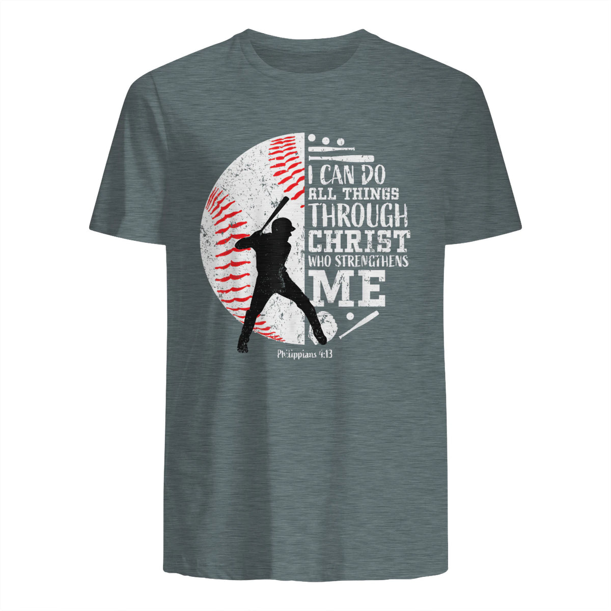 Philippians Four Thirteen Baseball Player Graphic with Bible Verse T-Shirt in Dark Heather - back view