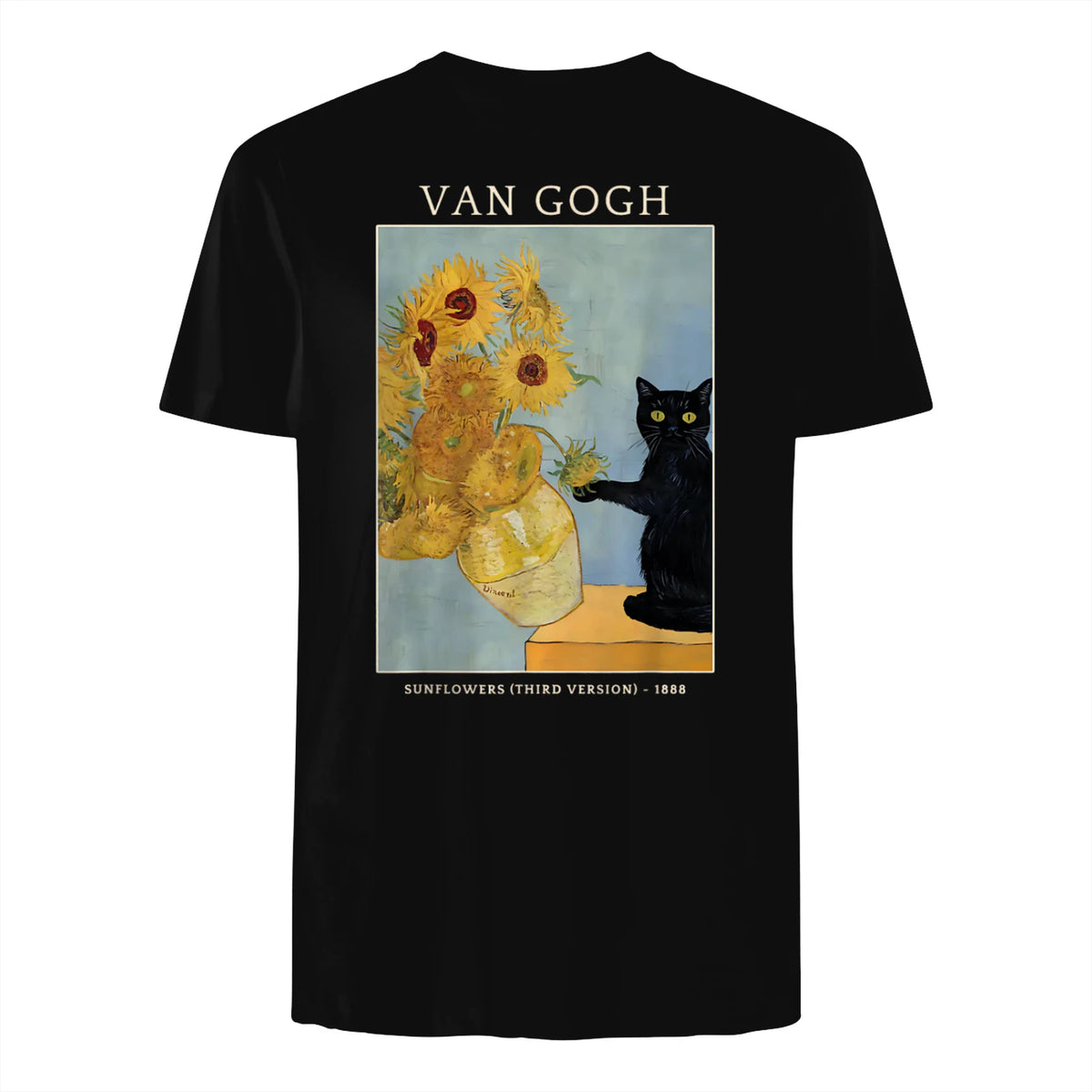 Funny Cat & Sunflowers Van Gogh Art Parody Vintage T-Shirt in Black - back view