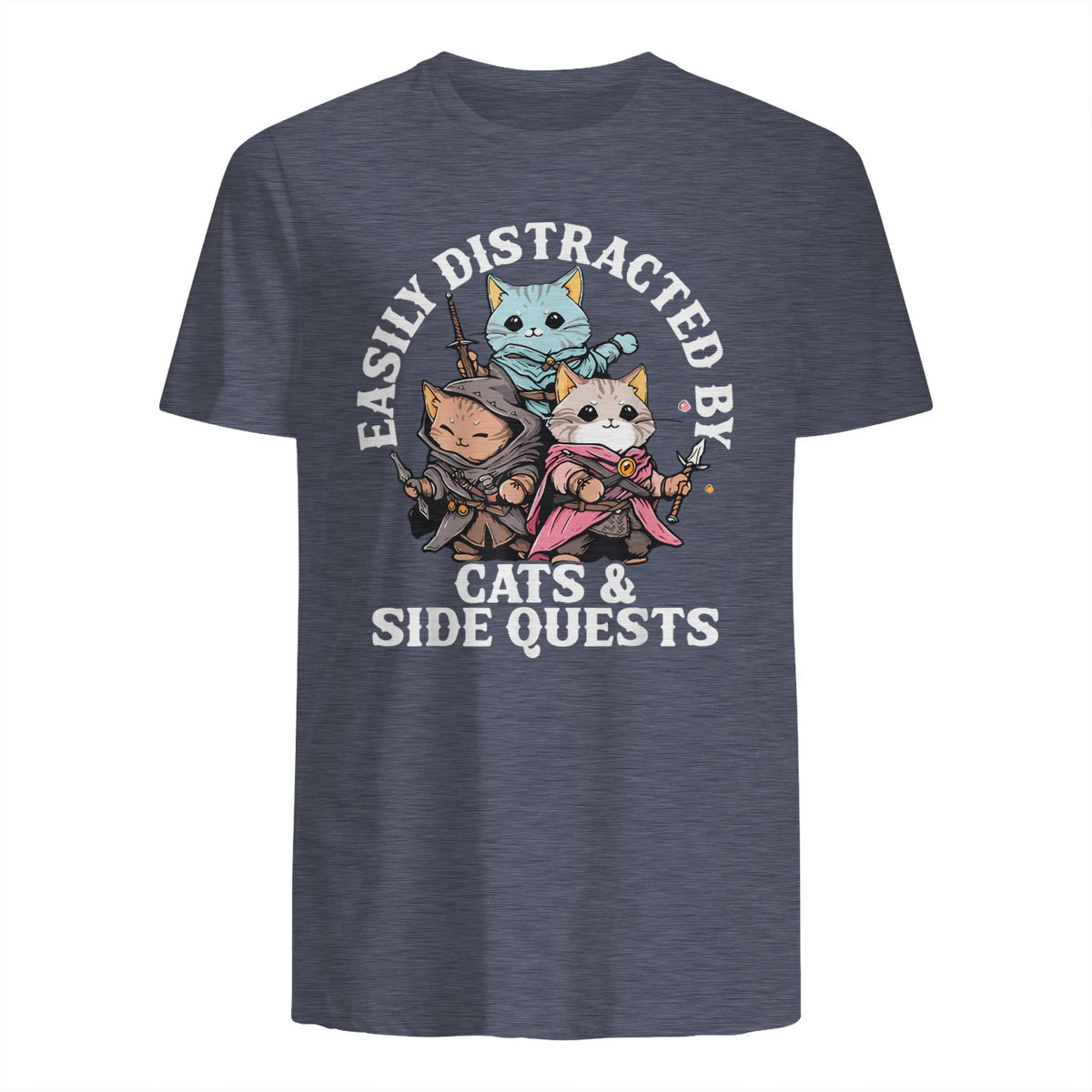 Cats Side Quest Funny Tabletop T-Shirt in Heather Navy - back view