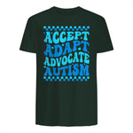 Accept Adapt Advocate Autism Awareness T-Shirt in Forest Green - back view