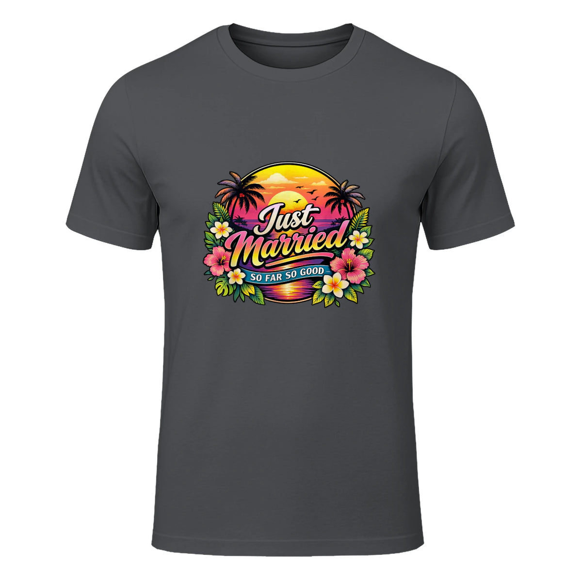 Couple de Jeunes mariés drôle Just Married Tropical Honeymoon in Charcoal - front view
