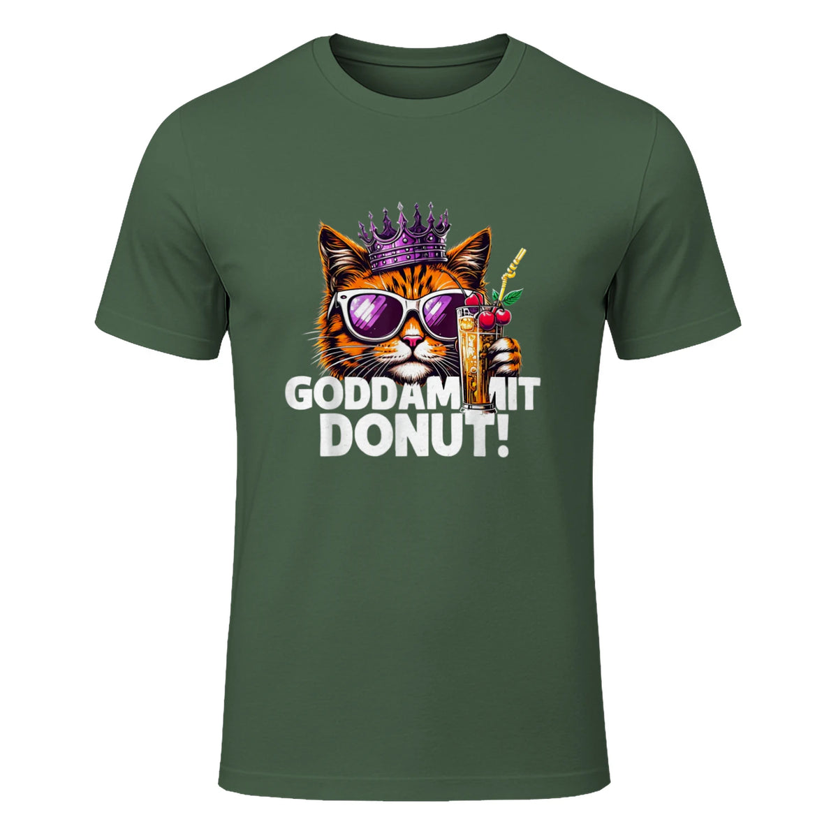 Donut Princess Cat Meme Tee – Kawaii Funny Cartoon Style T-Shirt in Military Green - front view