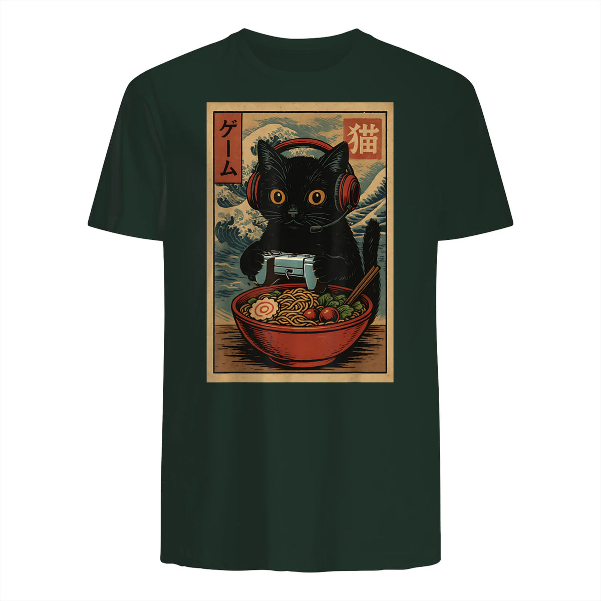 Cute Kawaii Gamer Cat Funny Ramen Retro Japanese Cat Gaming T-Shirt in Forest Green - back view