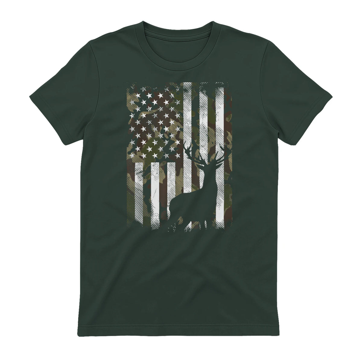 Camo US Flag Deer Elk Buck Camoflage Hunting Hunter Dad Gift Short Sleeve in Forest Green - back view