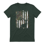 Camo US Flag Deer Elk Buck Camoflage Hunting Hunter Dad Gift Short Sleeve in Forest Green - back view