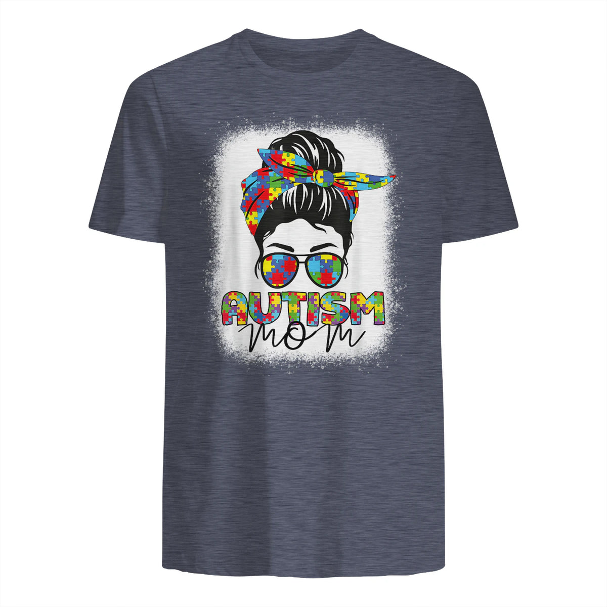 Autism Mom Life Messy Bun T-Shirt in Heather Navy - back view