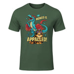 Retro Mongo is Appalled Princess Cat Riding Dinosaur Womens T-Shirt in Military Green - front view
