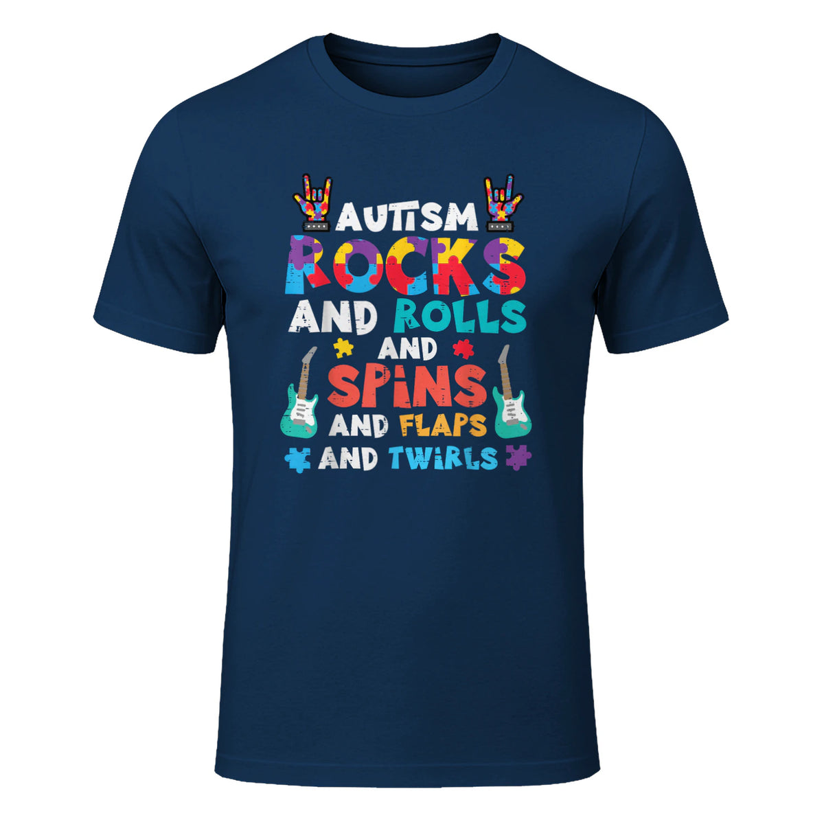 Autism Rocks Rolls Spins Flaps Awareness Boys Kids Women Men in Navy - front view