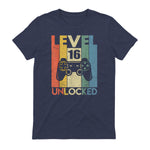 Level Sixteen Unlocked Video Gamer Birthday T-Shirt in Heather Navy - back view