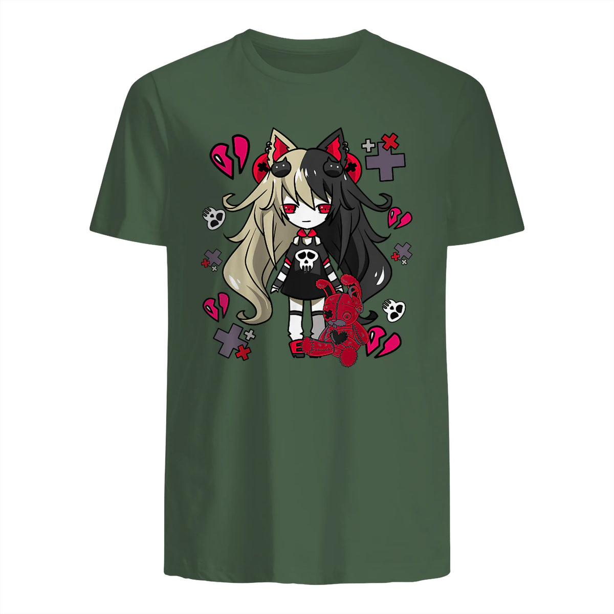Chibi Kawaii Emo Pastel Goth Girl with Sad Bunny in Military Green - back view