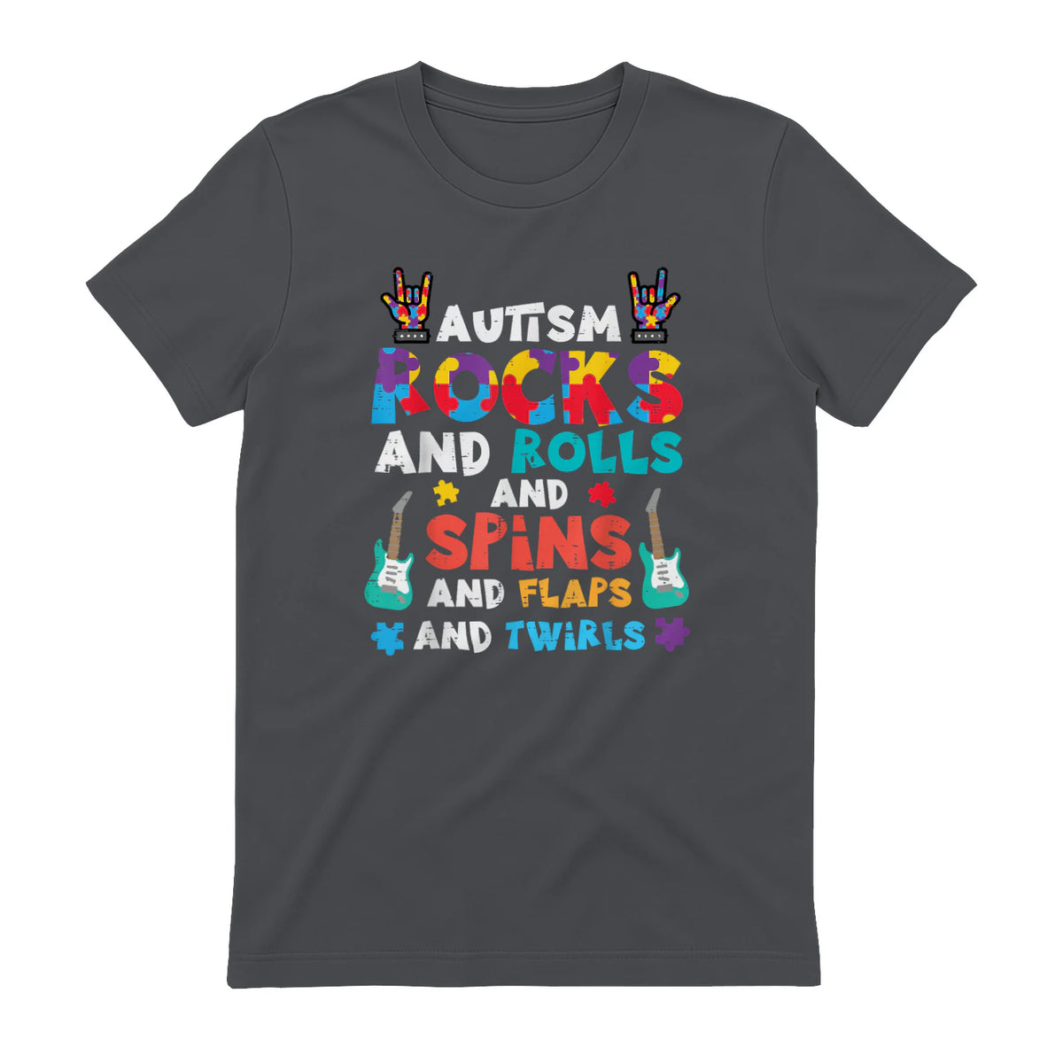 Autism Rocks Rolls Spins Flaps Awareness Boys Kids Women Men in Charcoal - back view