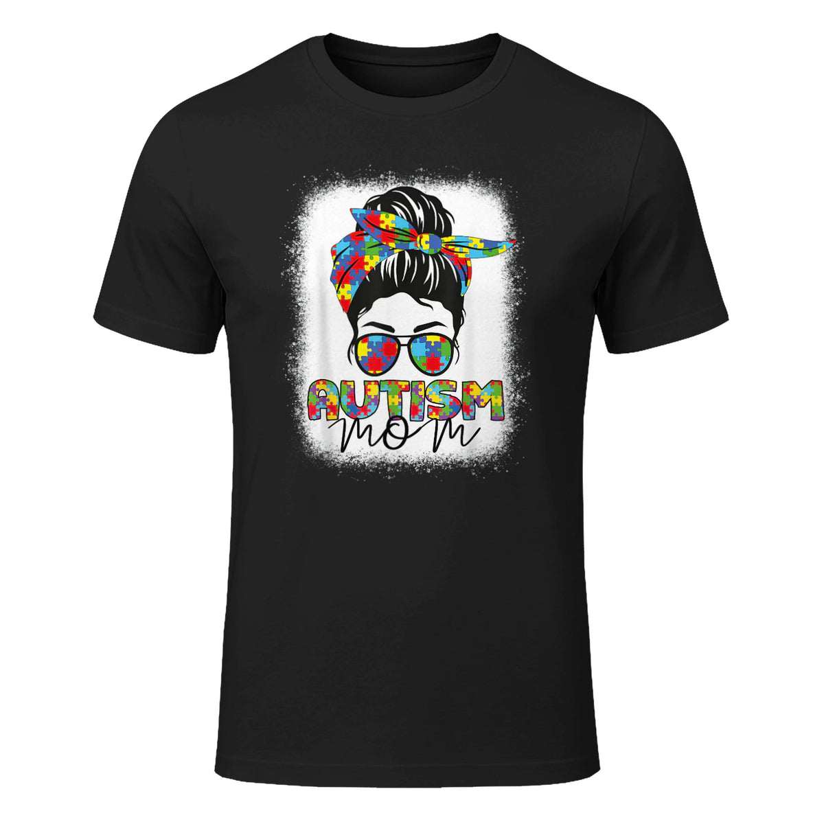 Autism Mom Life Messy Bun T-Shirt in Black - front view