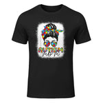 Autism Mom Life Messy Bun T-Shirt in Black - front view