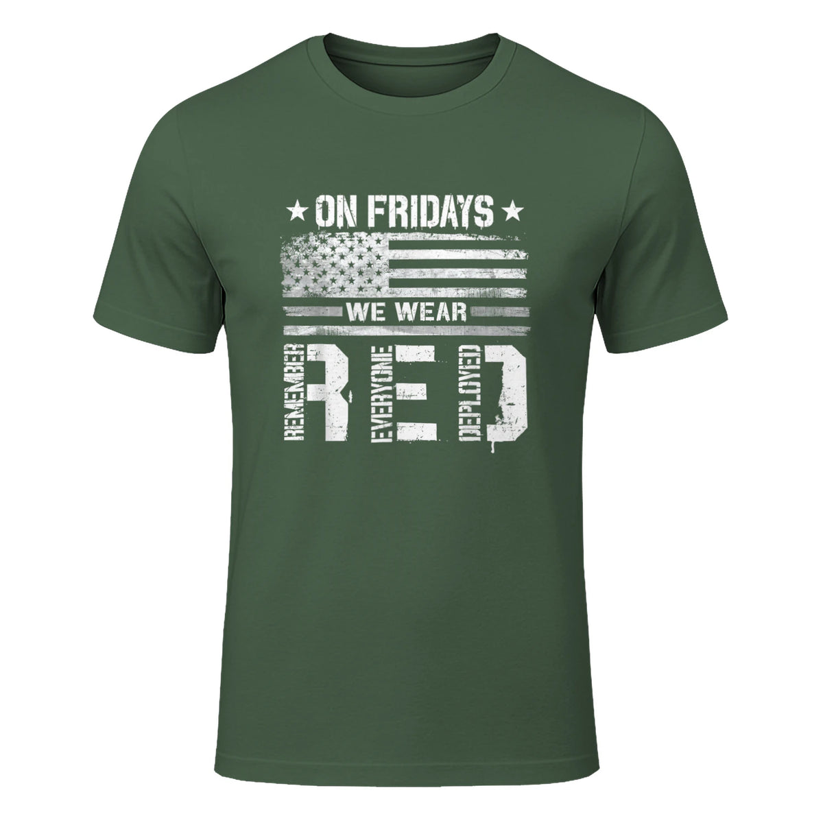 On Friday We Wear Red American Flag Military Supportive T-Shirt in Military Green - front view