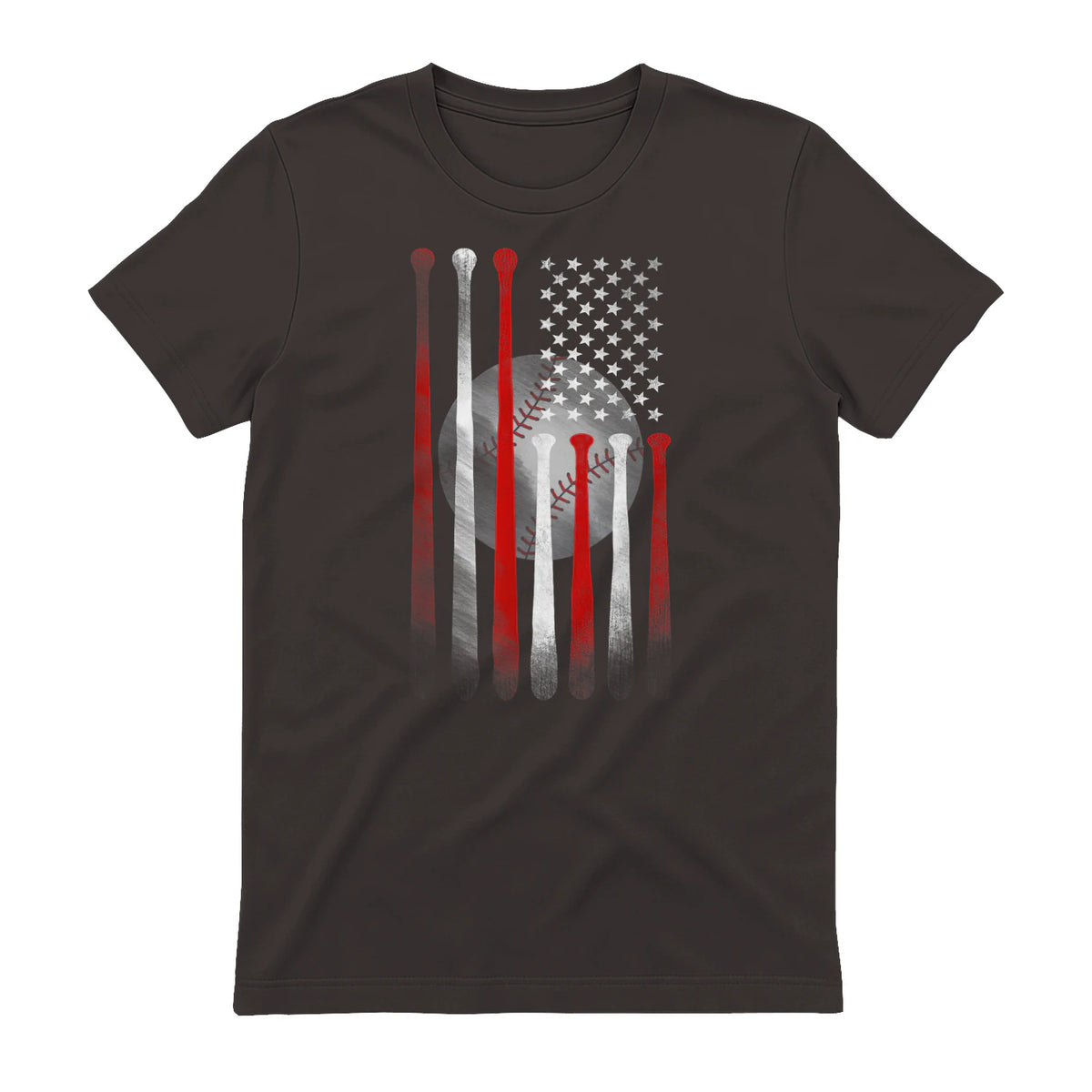 Vintage Baseball American Flag T-Shirt, Classic Fit Black Tee for Dad in Dark Chocolate - back view