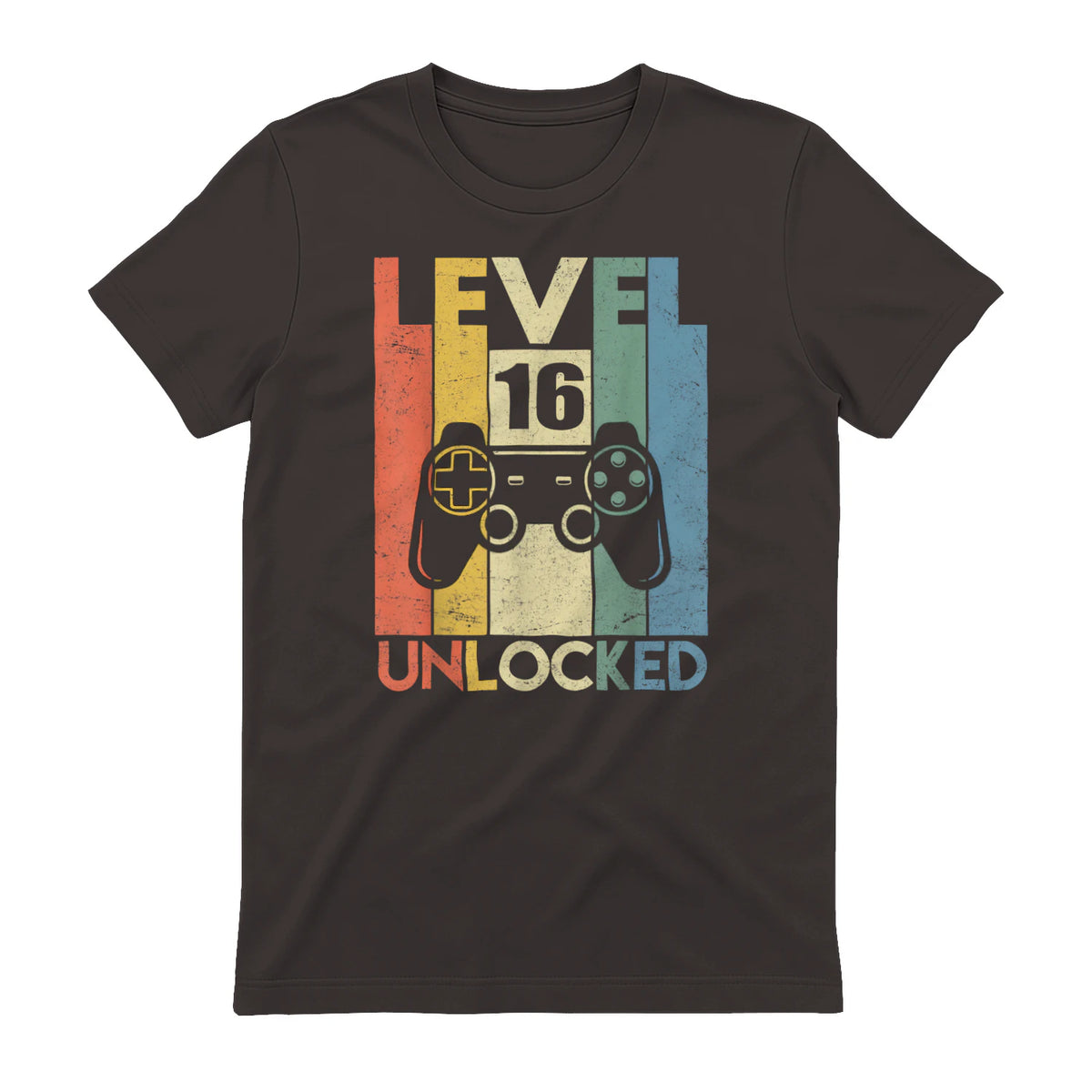 Level Sixteen Unlocked Video Gamer Birthday T-Shirt in Dark Chocolate - back view