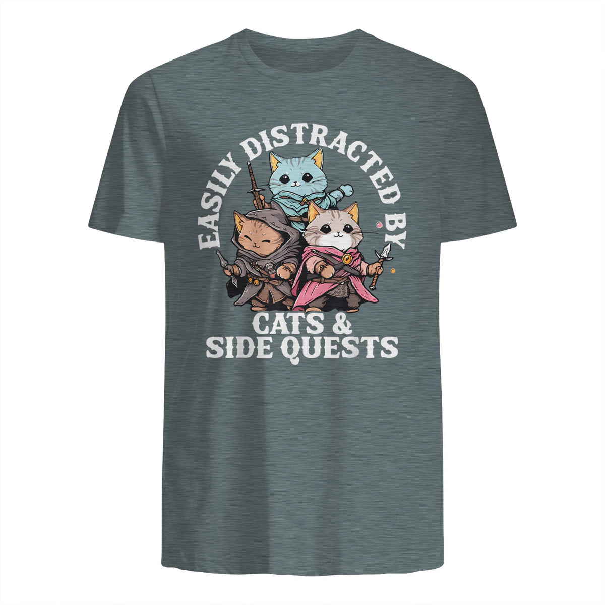 Cats Side Quest Funny Tabletop T-Shirt in Dark Heather - back view