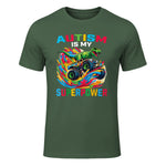 Autism is My Superpower Dino T Rex Monster Truck Kids Boys in Military Green - front view