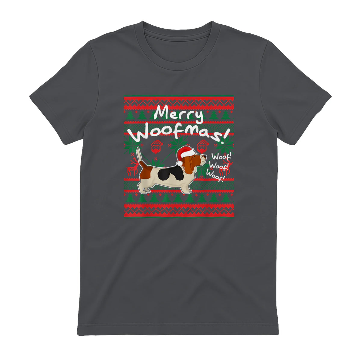 Basset Hound Chemise de Noël Merry Woofmas Père Noël Chien in Charcoal - back view
