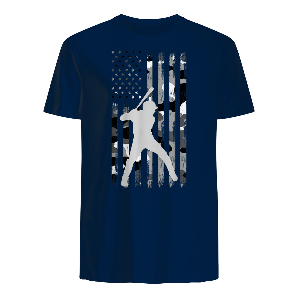 Baseball Player American Flag USA Camo Patriotic Graphic T-Shirt in Navy - back view