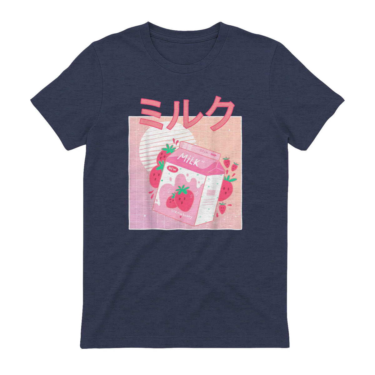 Funny Retro Nineties Japanese Kawaii Strawberry Milk Shake Carton T-Shirt in Heather Navy - back view