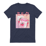 Funny Retro Nineties Japanese Kawaii Strawberry Milk Shake Carton T-Shirt in Heather Navy - back view