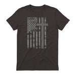 (Art) American Flag Christian Faith Cross Patriotic T-Shirt in Dark Chocolate - back view