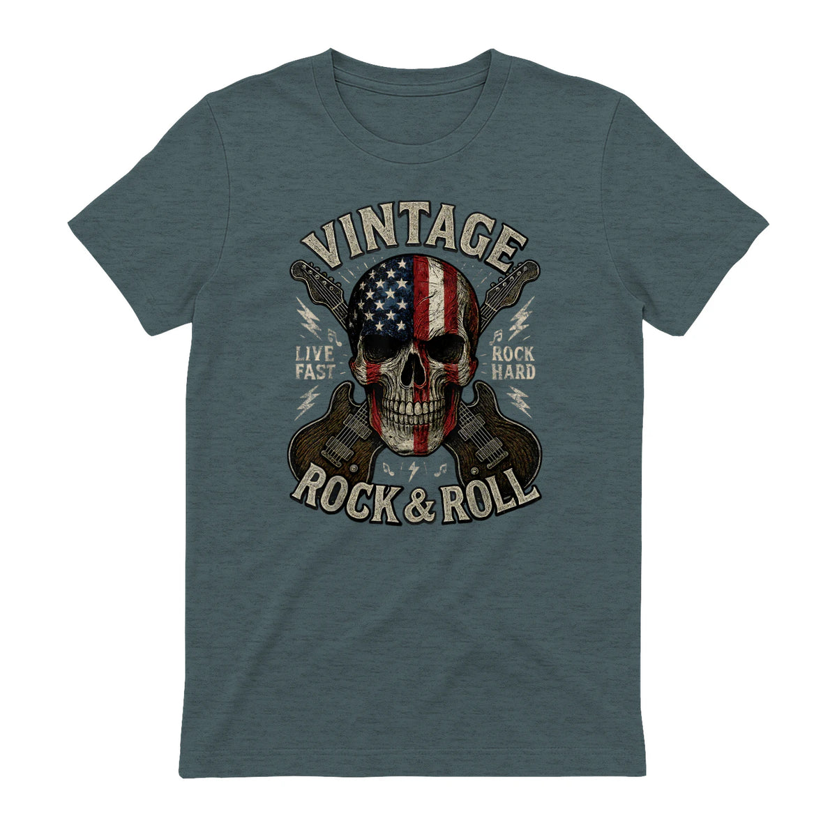Vintage Rock Skull American Flag Guitar Retro Rock and Roll T-Shirt in Dark Heather - back view