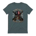 Vintage Rock Skull American Flag Guitar Retro Rock and Roll T-Shirt in Dark Heather - back view