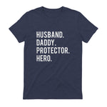 Husband daddy protector hero T Shirt cool father dad tee in Heather Navy - back view