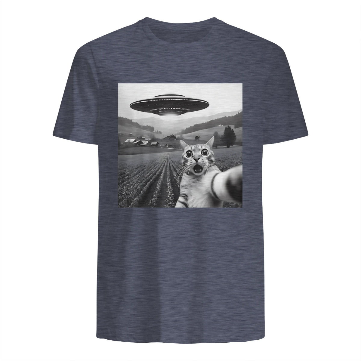 Cat Selfie With Alien UFO Funny Cat Gifts For Men Women Kid T-Shirt in Heather Navy - back view