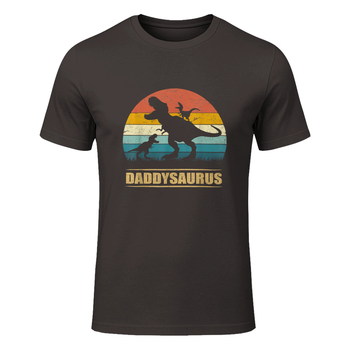 Daddy Dinosaur Daddysaurus Two Kids Funny Father's Day T-Shirt in Dark Chocolate - front view