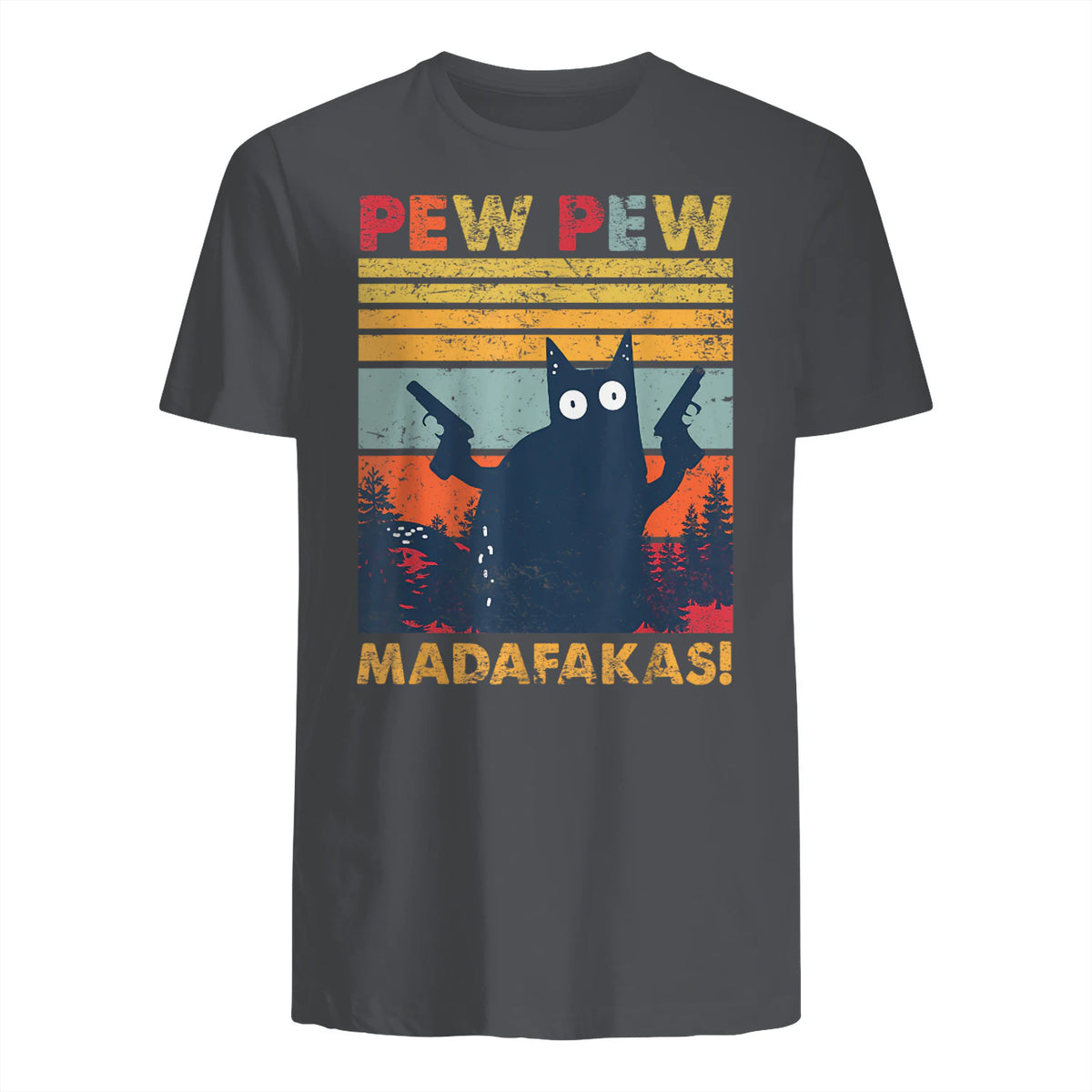 Pew Pew Madafakas Vintage verrückte Katze lustige Grafik in Charcoal - back view