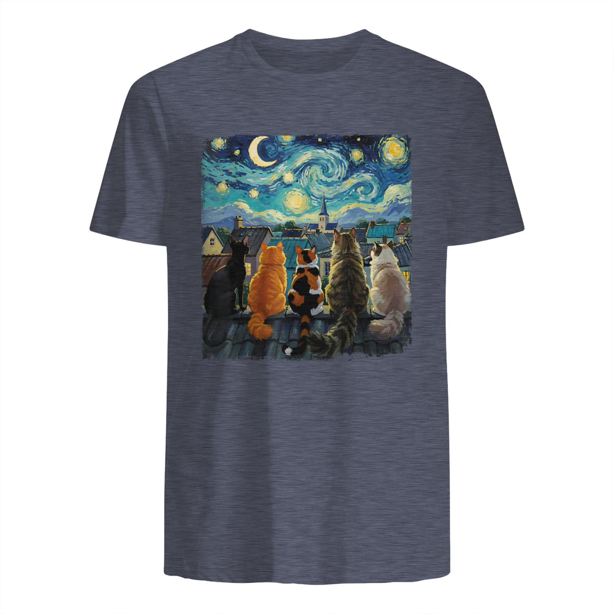 Funny Cat Starry Night Van Gogh Cats Rooftop Scene Feline T-Shirt in Heather Navy - back view