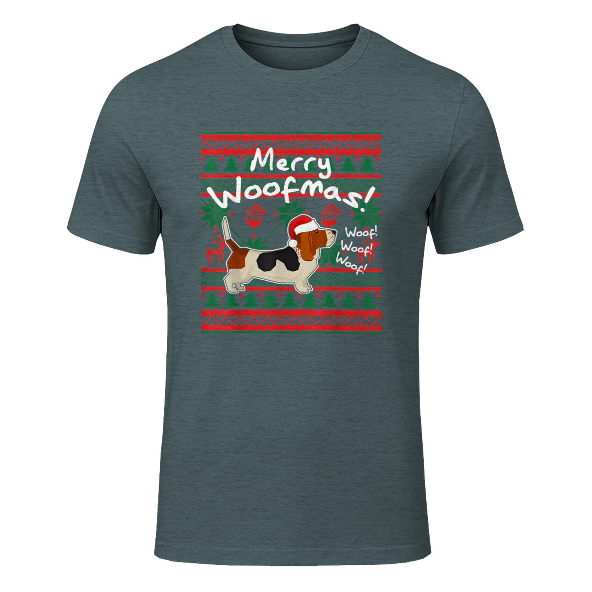 Basset Hound Chemise de Noël Merry Woofmas Père Noël Chien in Dark Heather - front view