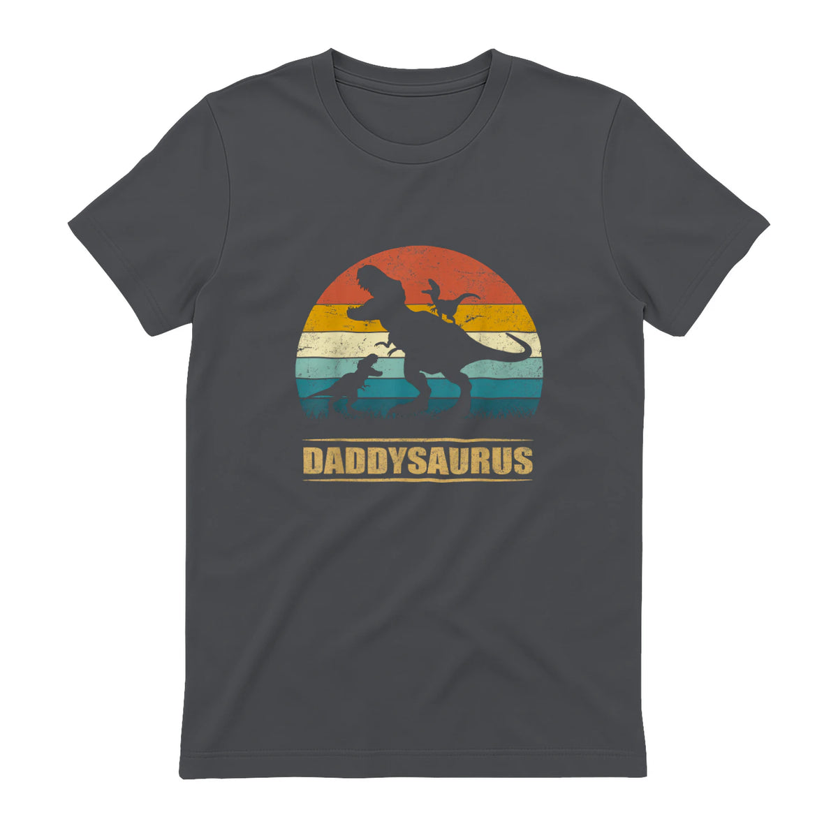 Daddy Dinosaur Daddysaurus Two Kids Funny Father's Day T-Shirt in Charcoal - back view