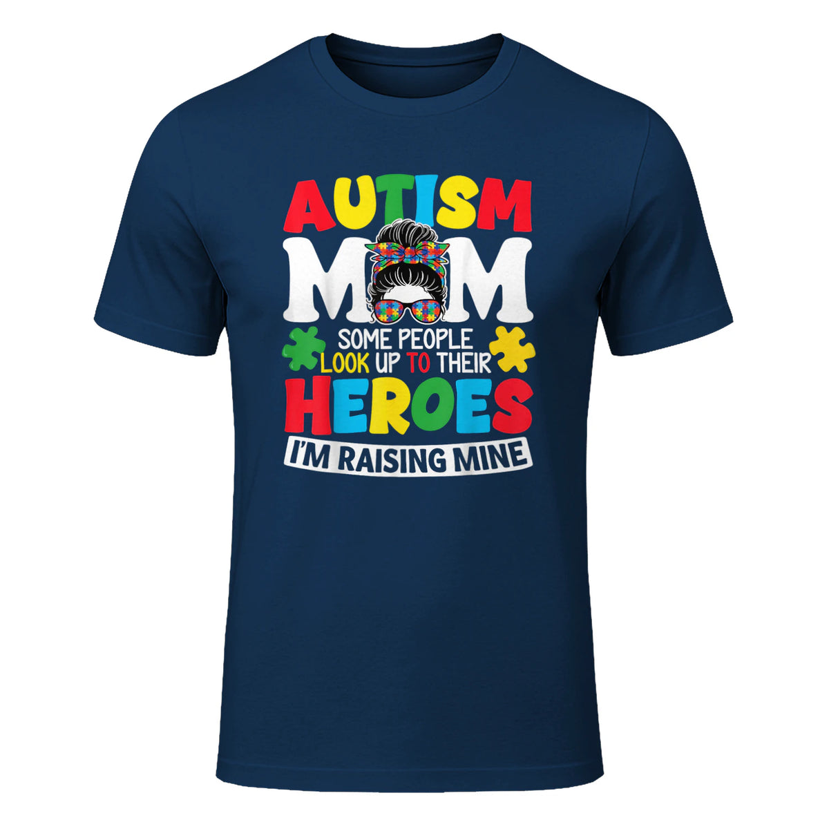 Autism Mom Raising Hero Messy Bun Autism Awareness in Navy - front view