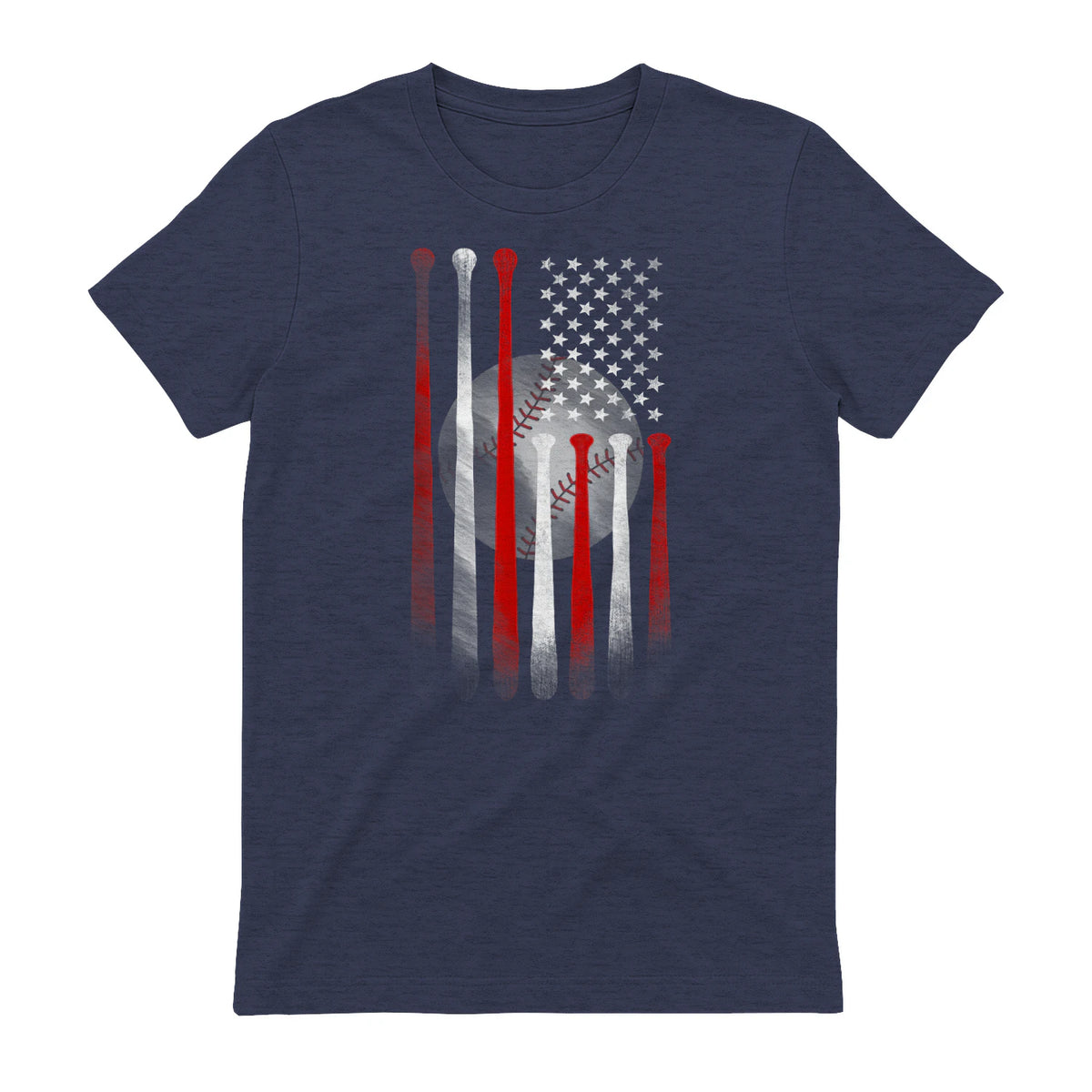 Vintage Baseball American Flag T-Shirt, Classic Fit Black Tee for Dad in Heather Navy - back view