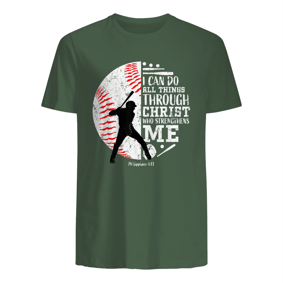 Philippians Four Thirteen Baseball Player Graphic with Bible Verse T-Shirt in Military Green - back view