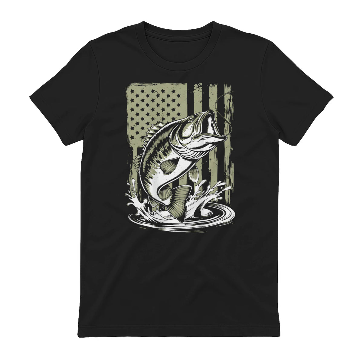 Fishing Camo Bass Fish American Flag Men's Fisherman Gift T-Shirt in Black - back view