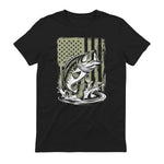 Fishing Camo Bass Fish American Flag Men's Fisherman Gift T-Shirt in Black - back view