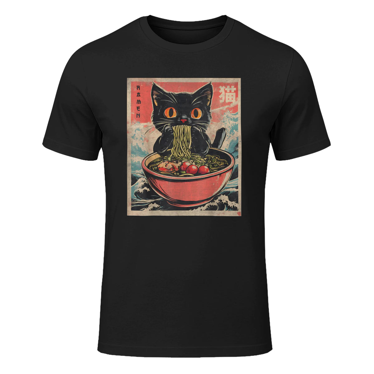 Unisex Adults Cat Ramen Japanese Funny Graphic Tees Kawaii Cat Anime Gifts T-Shirt in Black - front view