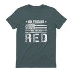 On Friday We Wear Red American Flag Military Supportive T-Shirt in Dark Heather - back view