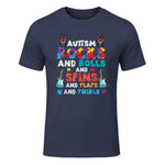 Autism Rocks Rolls Spins Flaps Awareness Boys Kids Women Men in Heather Navy - front view