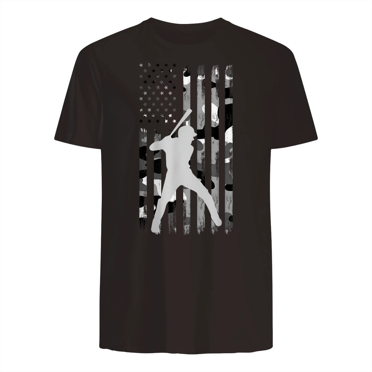 Baseball Player American Flag USA Camo Patriotic Graphic T-Shirt in Dark Chocolate - back view