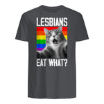 Lesbians Eat What? LGBT Lesbian Girlfriend Funny Cat Gift T-Shirt in Charcoal - back view